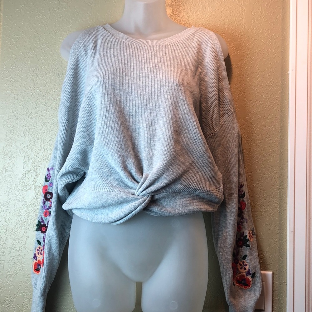 Express Light Gray Off-the-Shoulder Knotted Sweater with Floral Sleeves